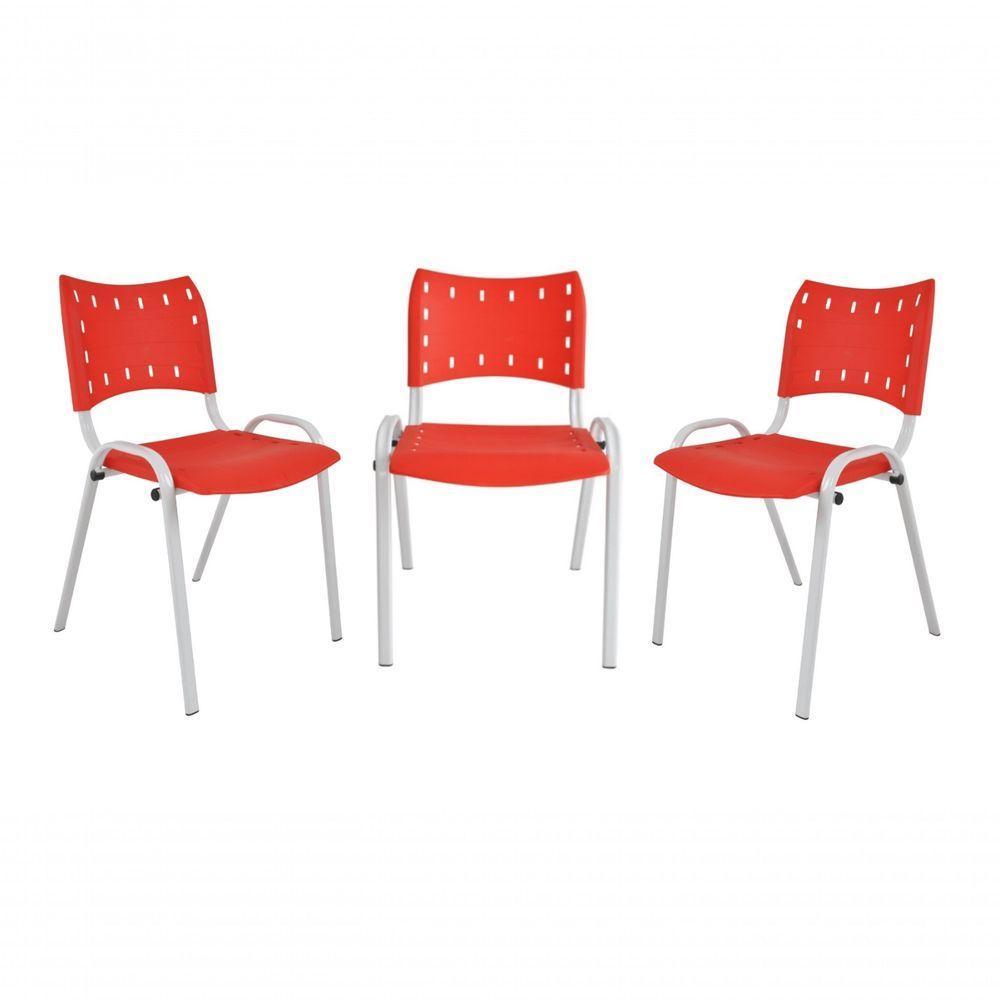 Kit 3 Cadeiras Iso para Escola Escritório Comércio Vermelha Base Branca - 1