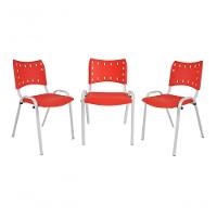 Kit 3 Cadeiras Iso para Escola Escritório Comércio Vermelha Base Branca - 1