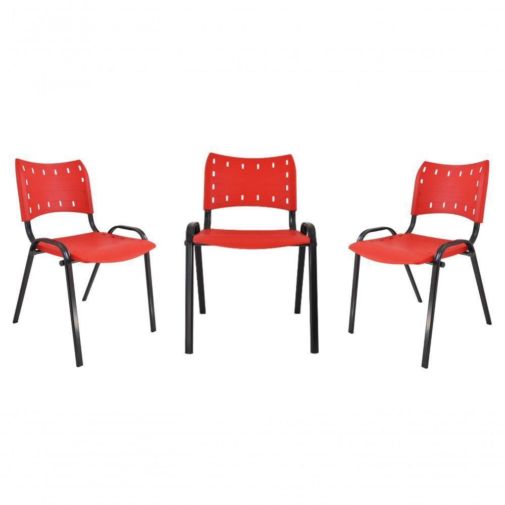 Kit 3 Cadeiras Iso para Escola Escritório Comércio Vermelha Base Preta - 1