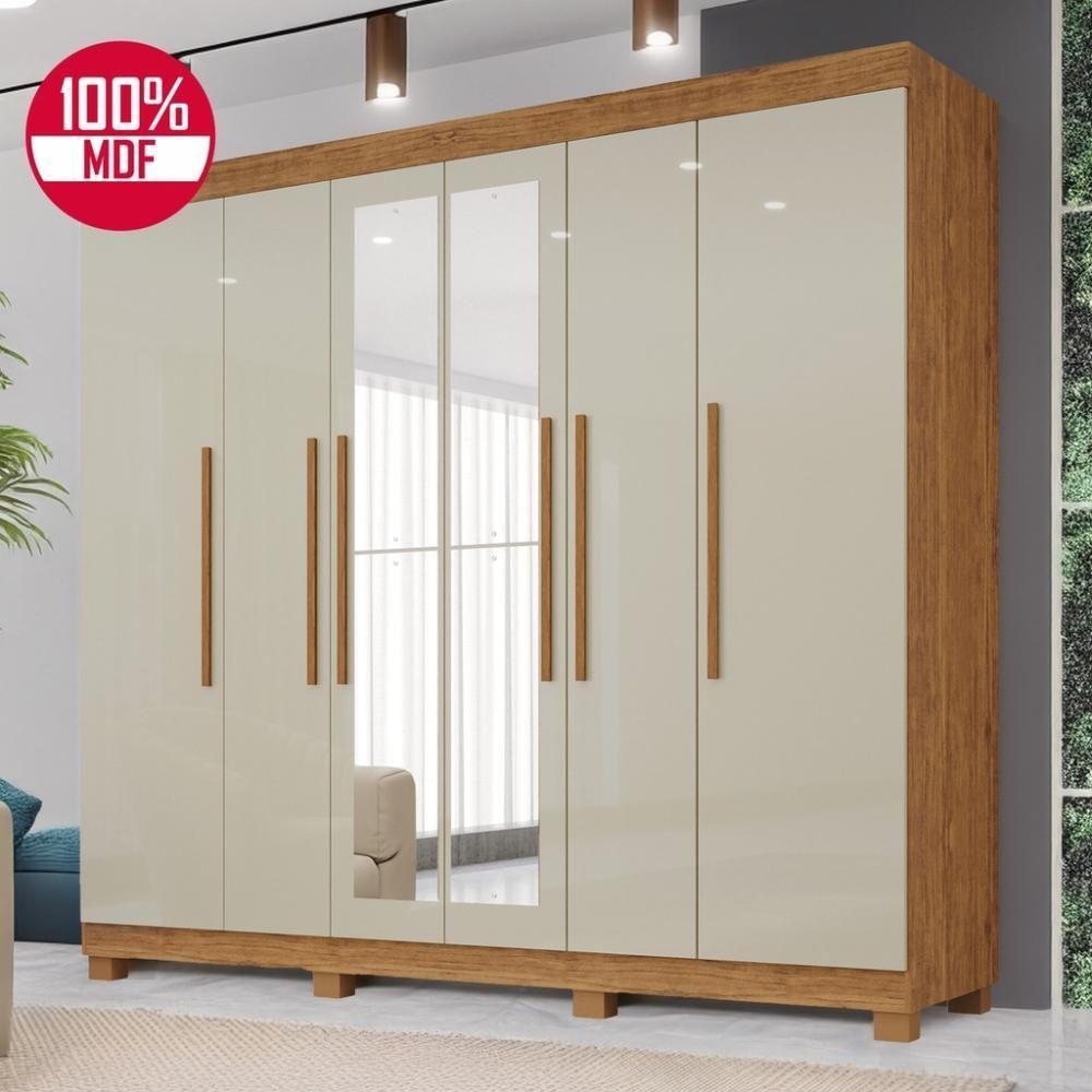 Guarda-roupa De Casal 100% Mdf 6 Portas 4 Gavetas Inglaterra Com Espelho - Tudo De Móveis Cinamomo/off - 9