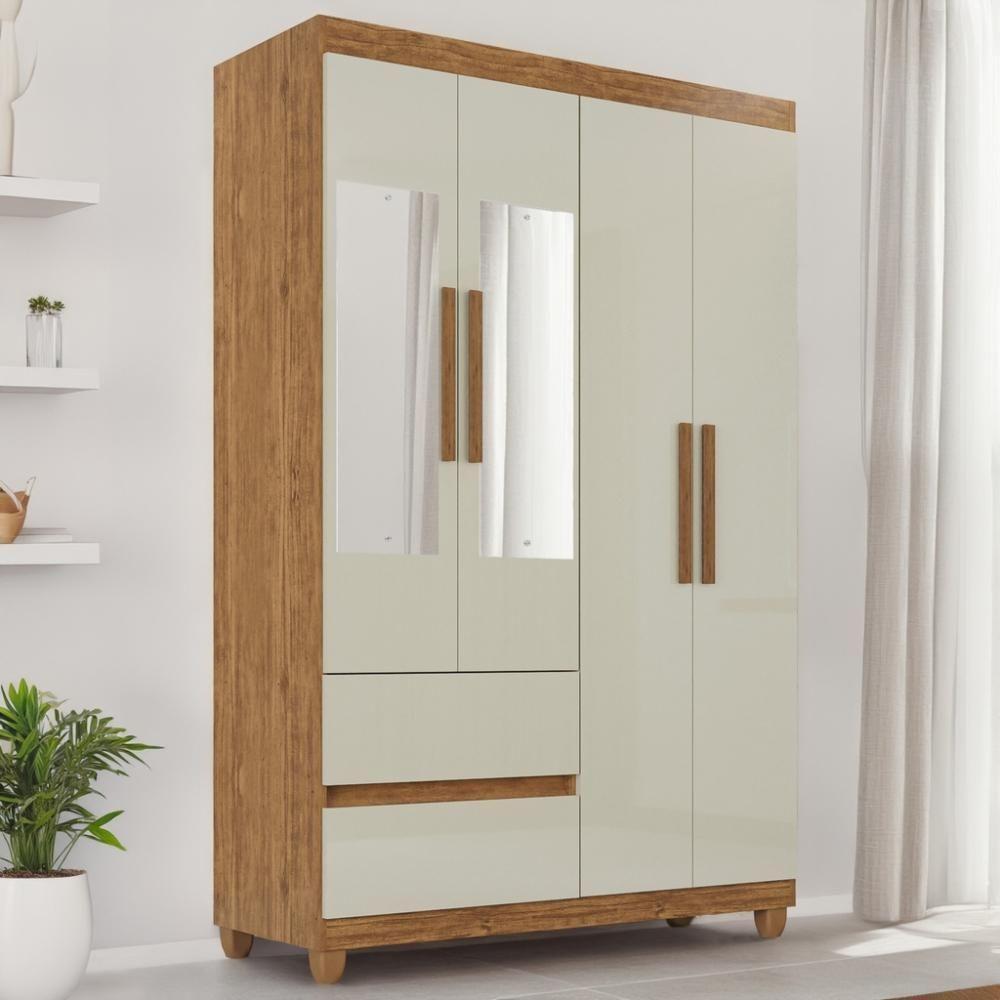 Guarda-roupa De Solteiro Madri 4 Portas 2 Gavetas Com Espelho - Tudo De Móveis Cinamomo/off - 9