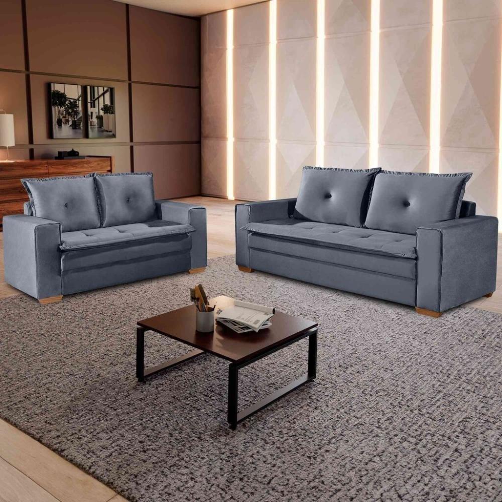 Conjunto De Sofás De 02 E 03 Lugares Unique - Tudo De Móveis Cinza - 1