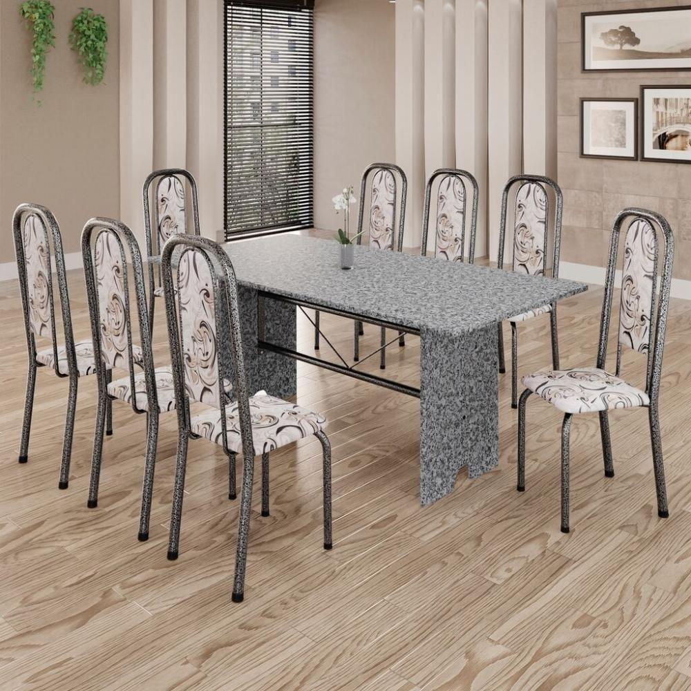 Conjunto De Mesa Tubular 8 Cadeiras 180x75cm Mart Prata Com Tampo Em Granito Ocre Letícia 071 - 1
