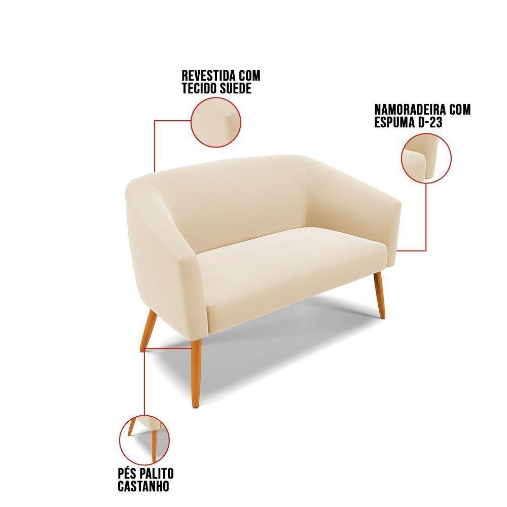 Kit 1 Namoradeira E 2 Poltronas Giratória Bege Base Madeira - 5