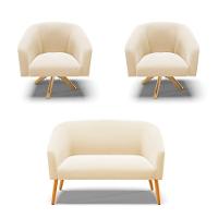Kit 1 Namoradeira E 2 Poltronas Giratória Bege Base Madeira - 1