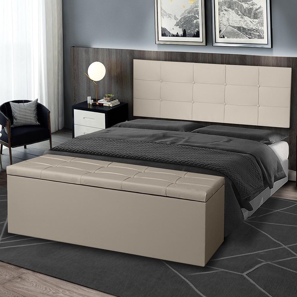 Kit Cabeceira Painel E Calçadeira Baú King 1,95m Roma Material Sintético Bege Sky Mobile - 4