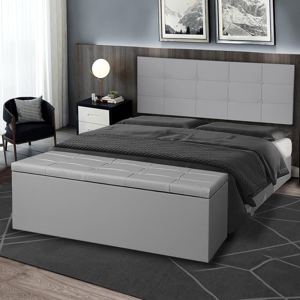 Kit Cabeceira Painel E Calçadeira Baú Casal 1,40m Roma Material Sintético Cinza Sky Mobile - 1