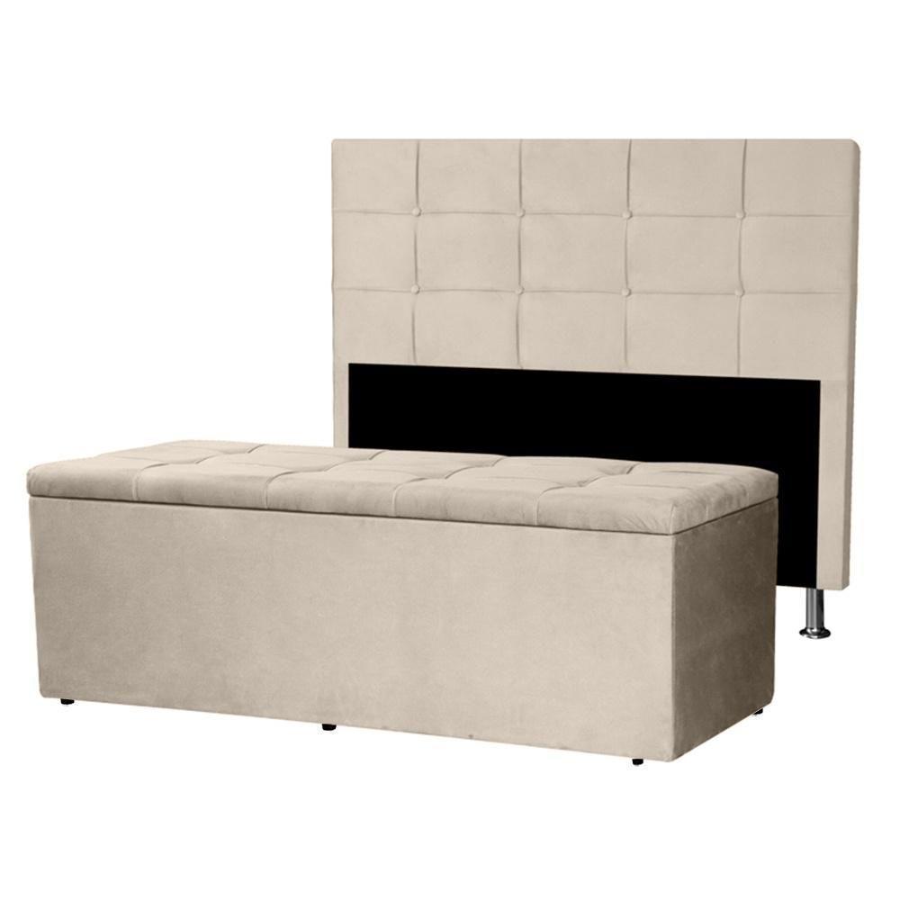 Kit Cabeceira E Calçadeira Baú King 1,95m Roma Suede Bege Sky Mobile - 1