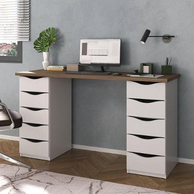 Escrivaninha Mesa Home Office Due II 10 Gavetas MDF Nogal Branco para Escritório