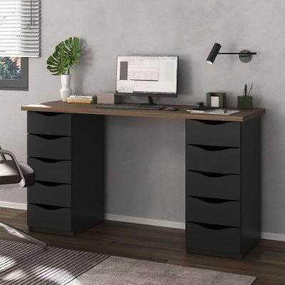 Escrivaninha Mesa Home Office Retangular Due Ii 10 Gavetas MDF 136cm Preto Nogal