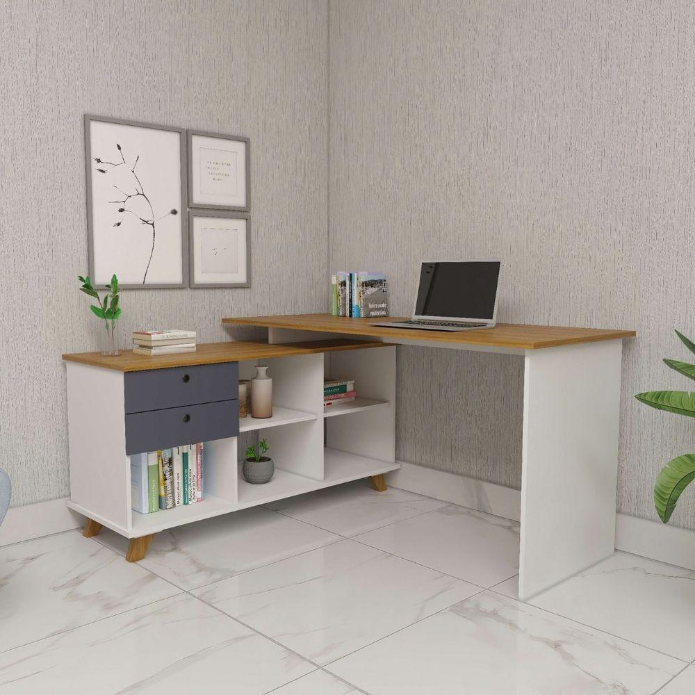 Escrivaninha Mesa Em L Escritório Com Gavetas E Nichos Gold Freijó-grafito-branco - 1