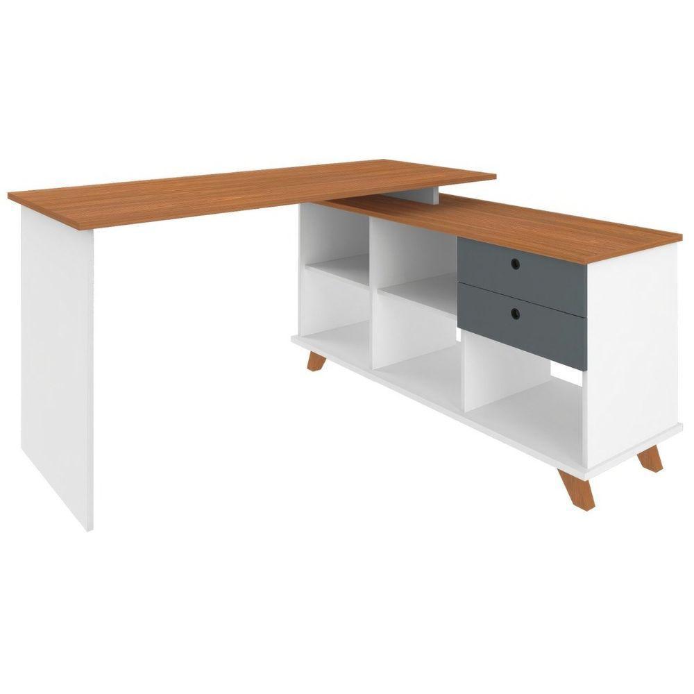 Escrivaninha Mesa Em L Escritório Com Gavetas E Nichos Gold Freijó-grafito-branco - 6