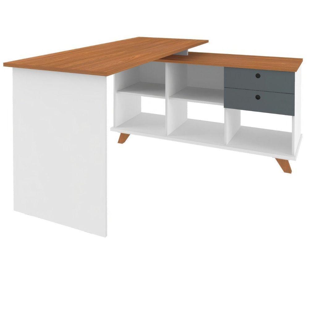 Escrivaninha Mesa Em L Escritório Com Gavetas E Nichos Gold Freijó-grafito-branco - 8