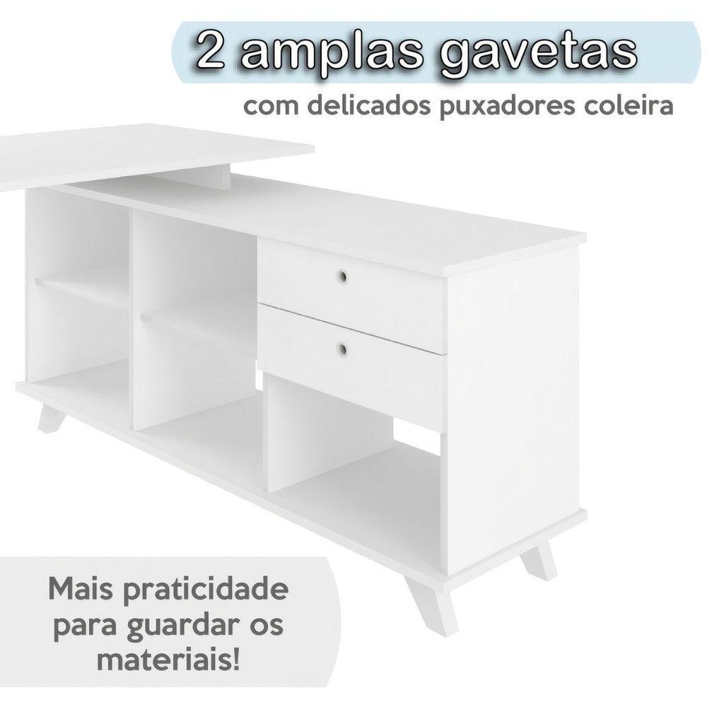 Escrivaninha Mesa Em L Escritório Com Gavetas E Nichos Gold Branco - 5