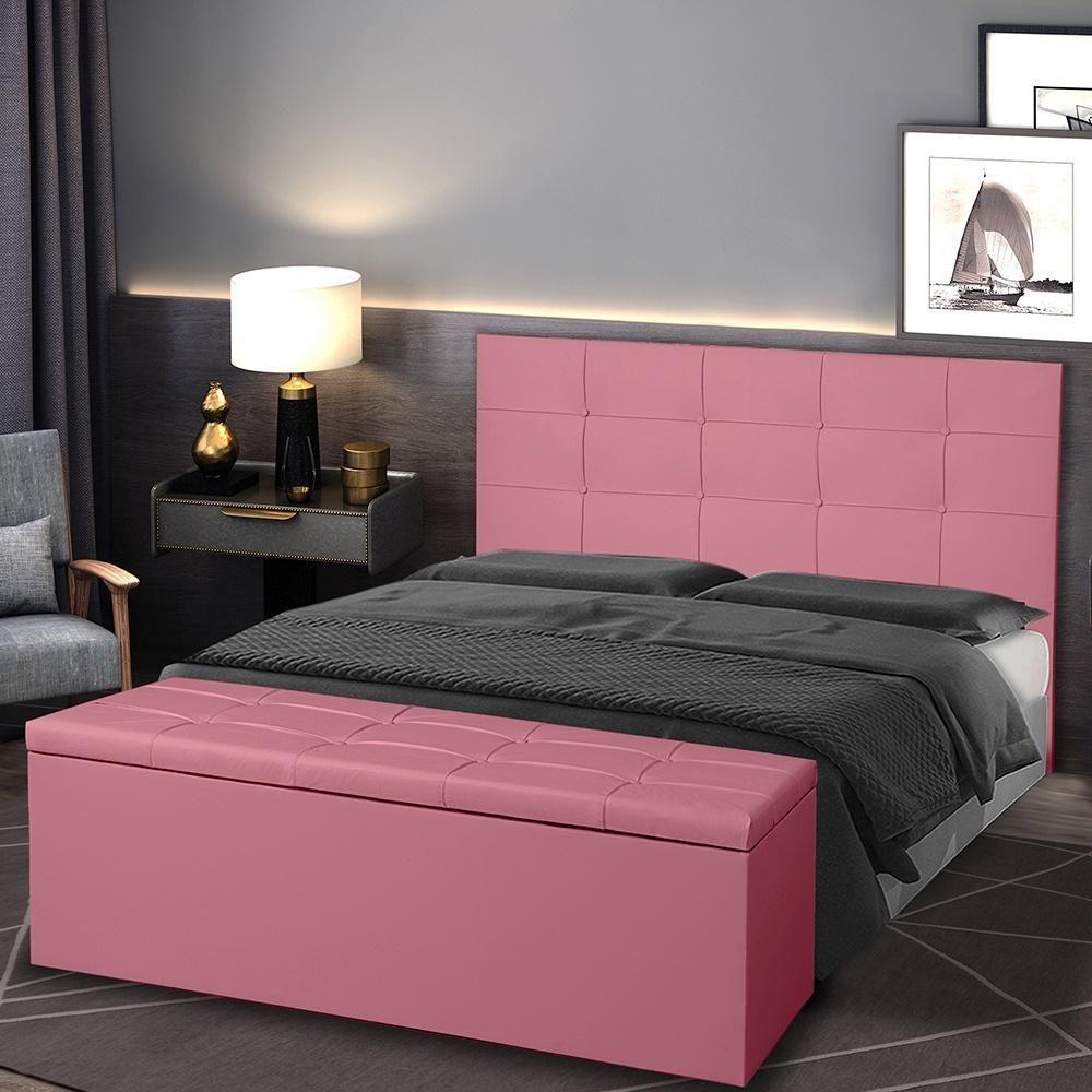 Kit Cabeceira E Calçadeira Baú Solteiro 0,90m Roma Suede Rosa Sky Mobile - 1