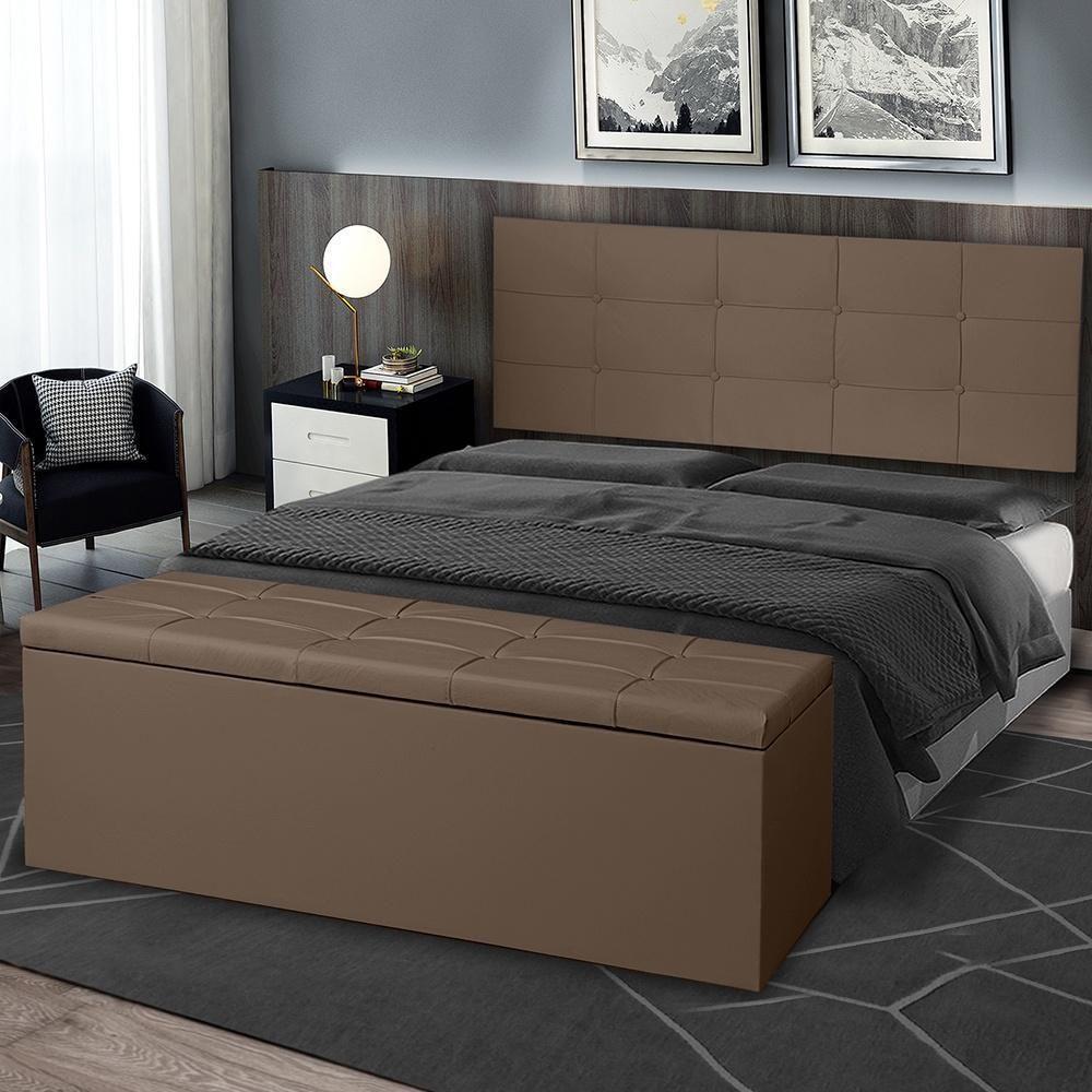 Kit Cabeceira Painel E Calçadeira Baú King 1,95m Roma Suede Marrom Sky Mobile - 3