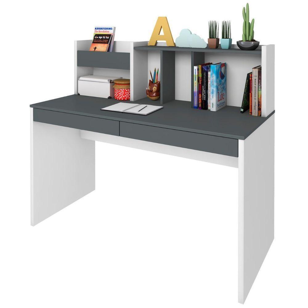 Escrivaninha France Mesa Office Com Gavetas Prateleiras E Nichos Grafito-branco - 5