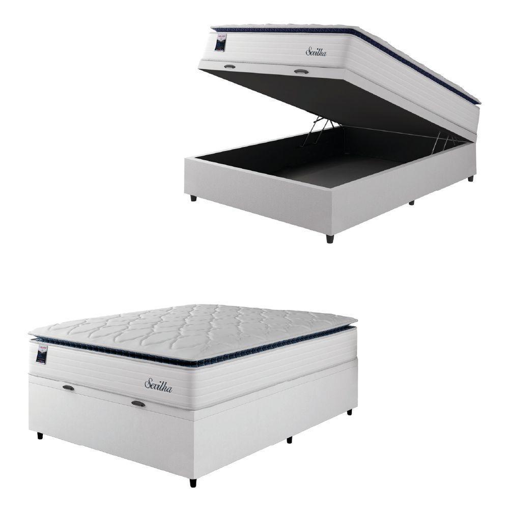 Cama Box Baú Casal Colchão Molas Ensacadas Com Pillow Sevilha 138x188x74cm Branco/cinza Hellen - 1
