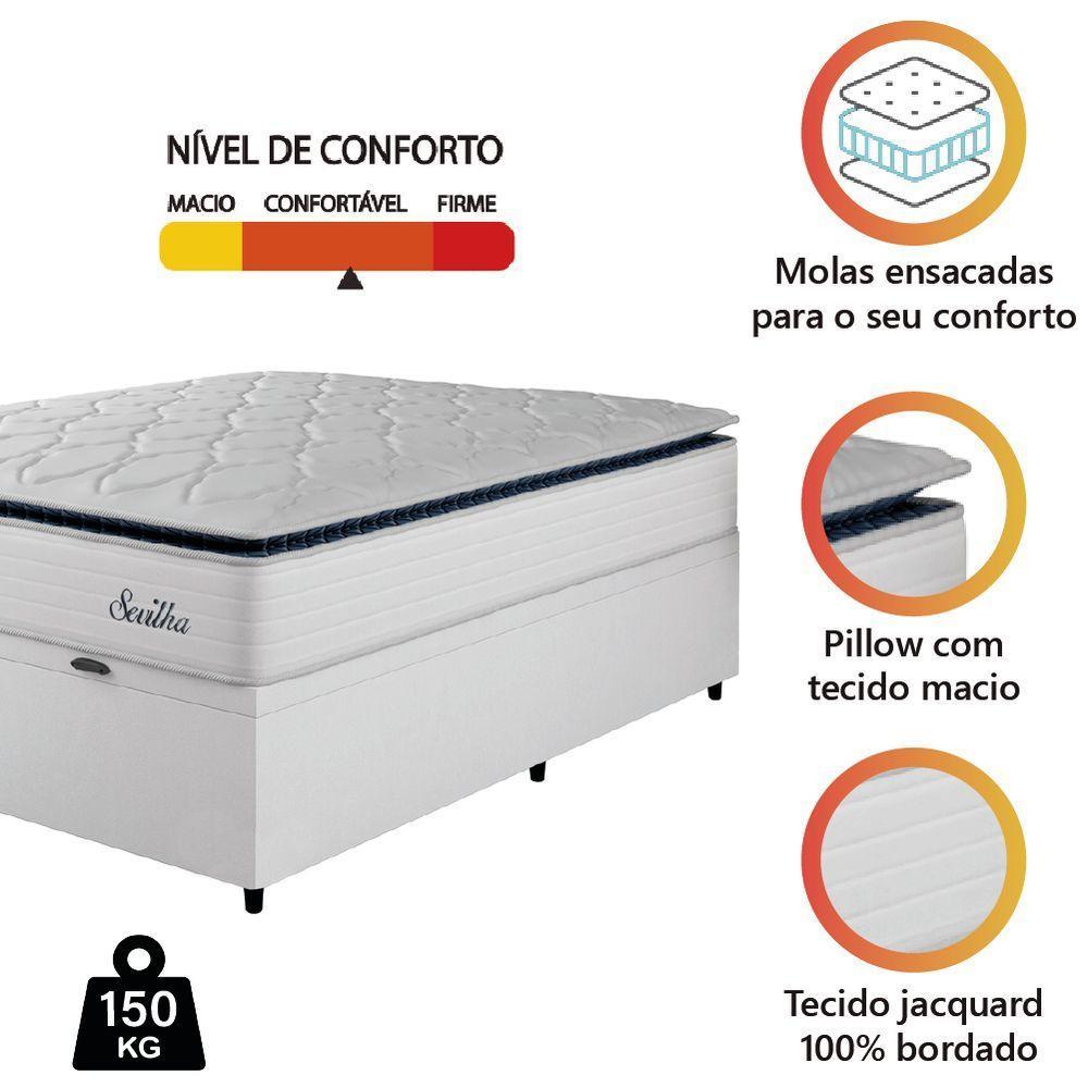 Cama Box Baú Casal Colchão Molas Ensacadas Com Pillow Sevilha 138x188x74cm Branco/cinza Hellen - 2