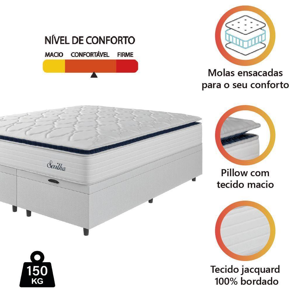 Cama Box Baú Casal Queen Colchão Molas Ensacadas Com Pillow Sevilha 158x198x74cm Branco/cinza Hellen - 2