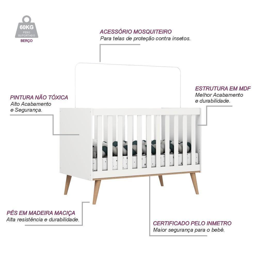 Quarto De Bebê Berço 3 Em 1 Retrô Ludmila Cômoda Com Fraldário Gran Lorena Branco Carolina Baby - 6