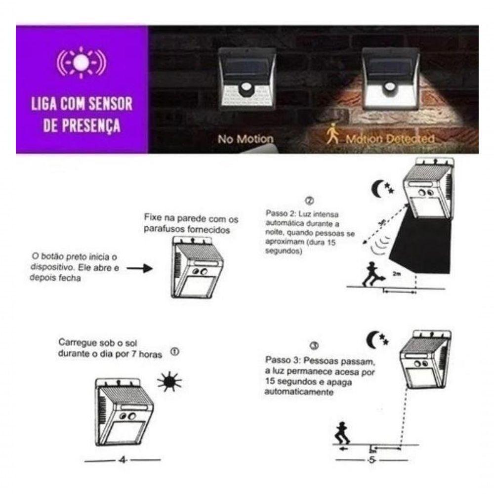 Luminária Solar Arandela Kit 2 - 30 Led Sensor De Presença - 5
