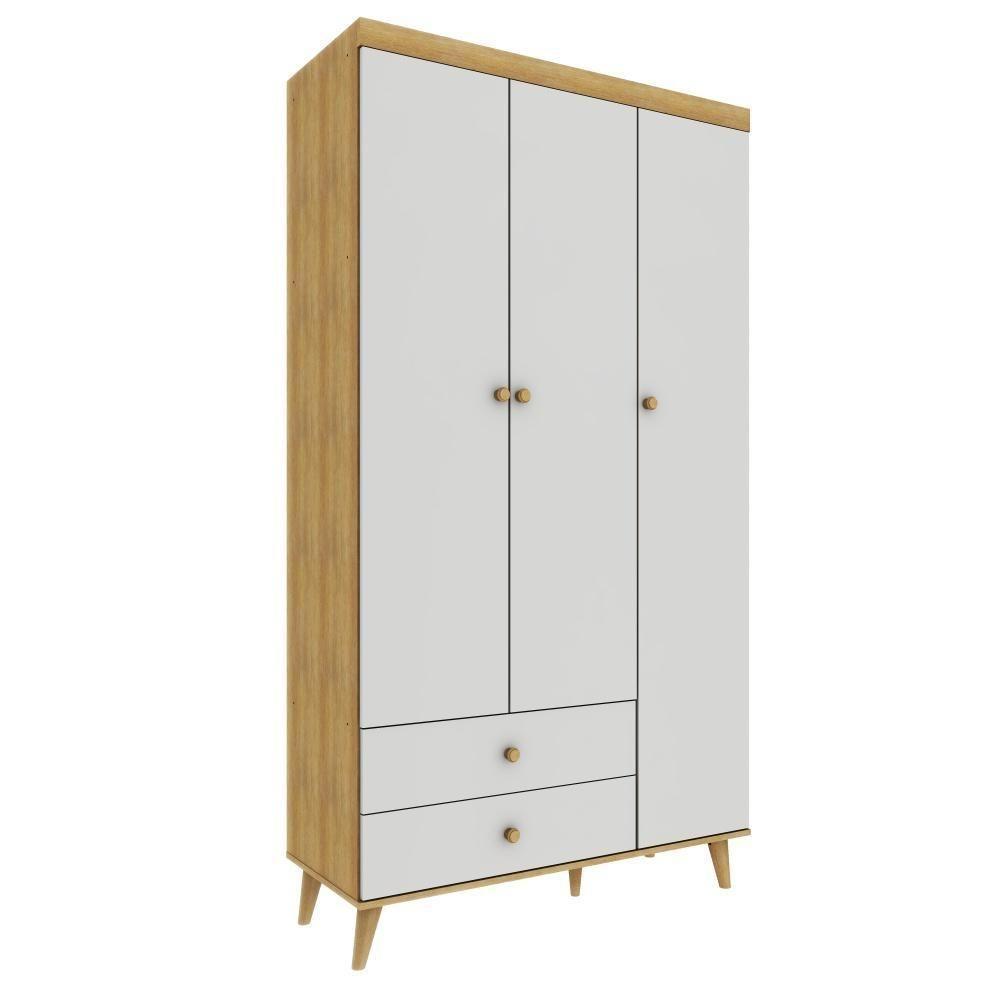 Guarda Roupa Infantil Retrô 3 Portas Com Gavetas Lígia Off White Com Bétula Carolina Baby - 1