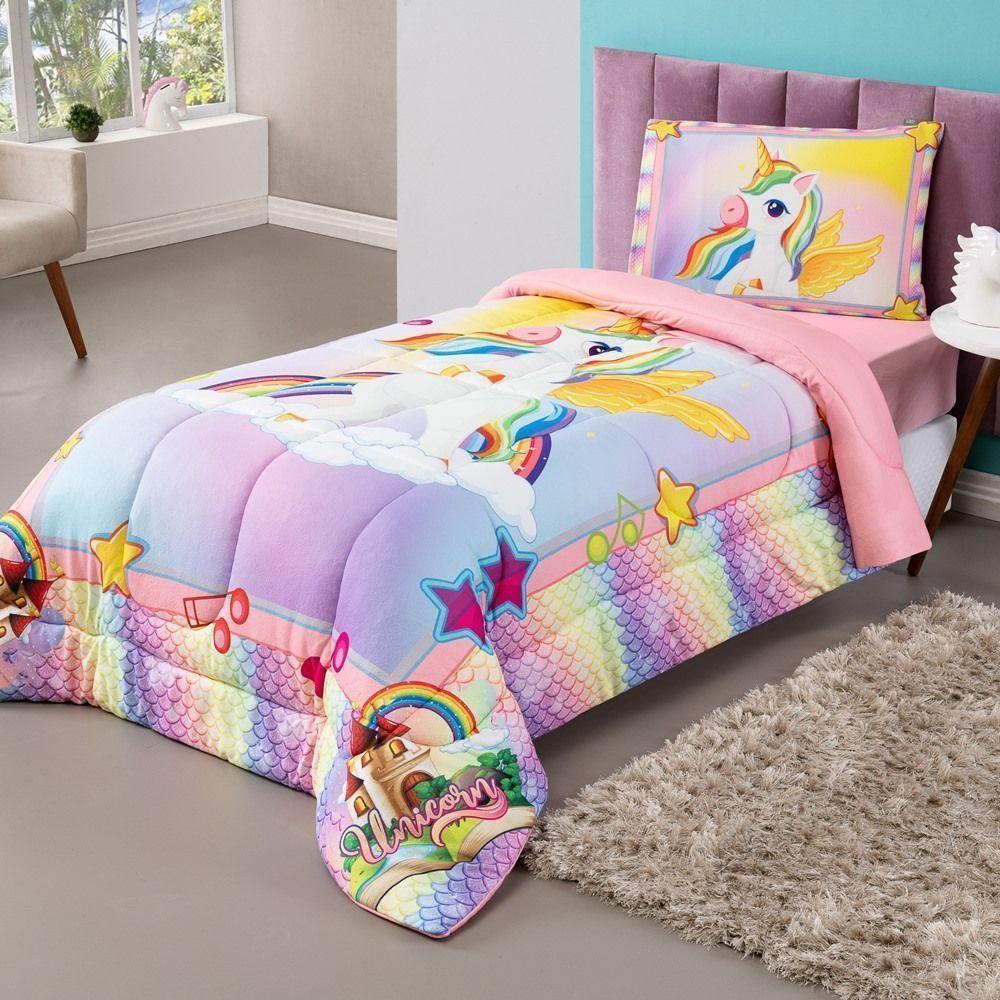 Kit Edredom + Lençol Plush Fofinho Infantil Dupla Face Dream 3 Peças Solteiro - Unicórnio - 4