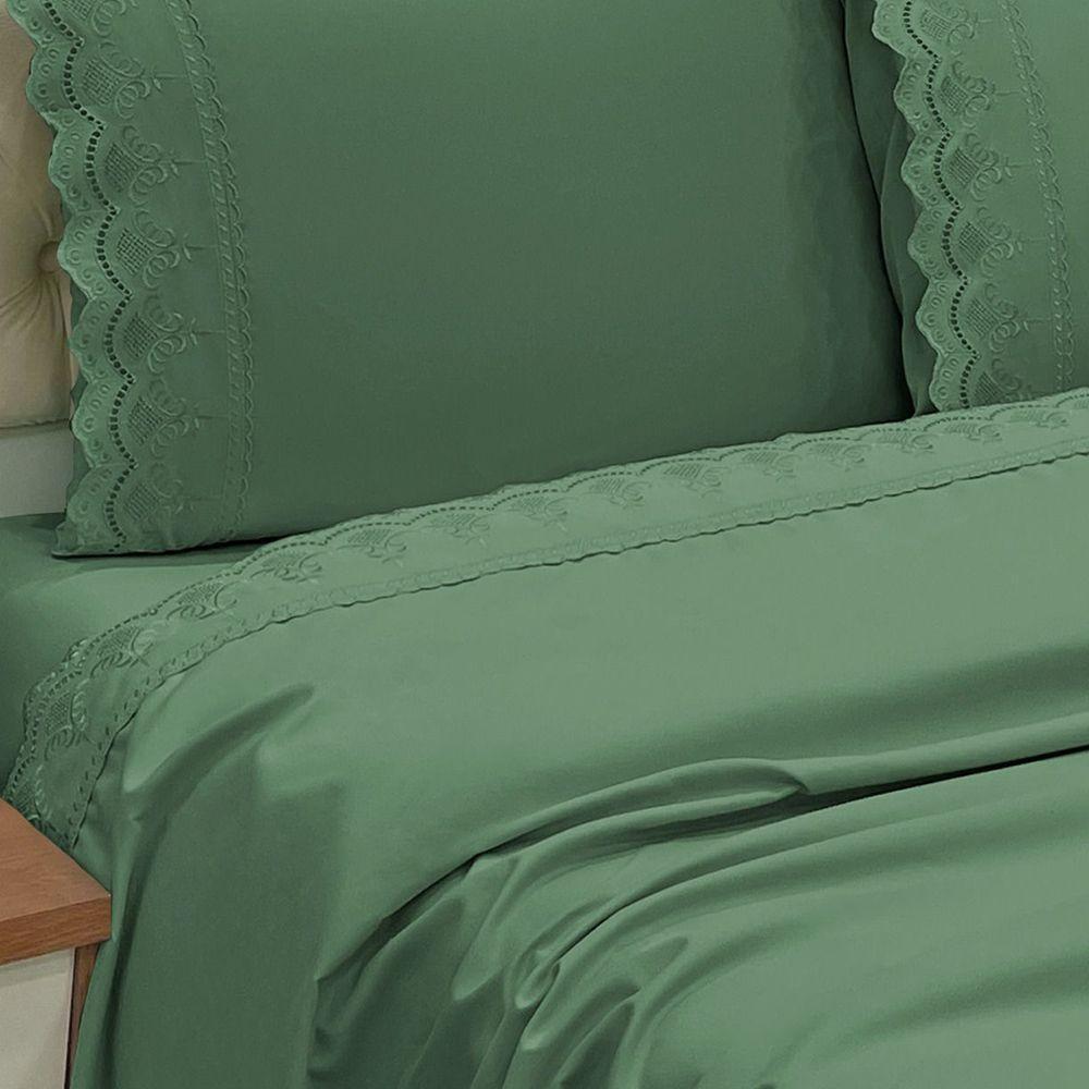 Jogo De Cama Lençol Realce Queen 4 Peças Percal 300 Fios Bordado Inglês Macio - Verde Esmeralda - 2