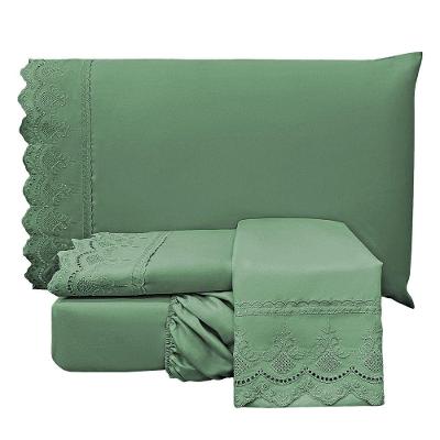Jogo De Cama Lençol Realce Queen 4 Peças Percal 300 Fios Bordado Inglês Macio - Verde Esmeralda