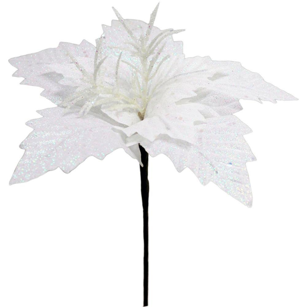 Kit 4 Flores Artificial Gliter Enfeite Branco Natalino 25cm - 1