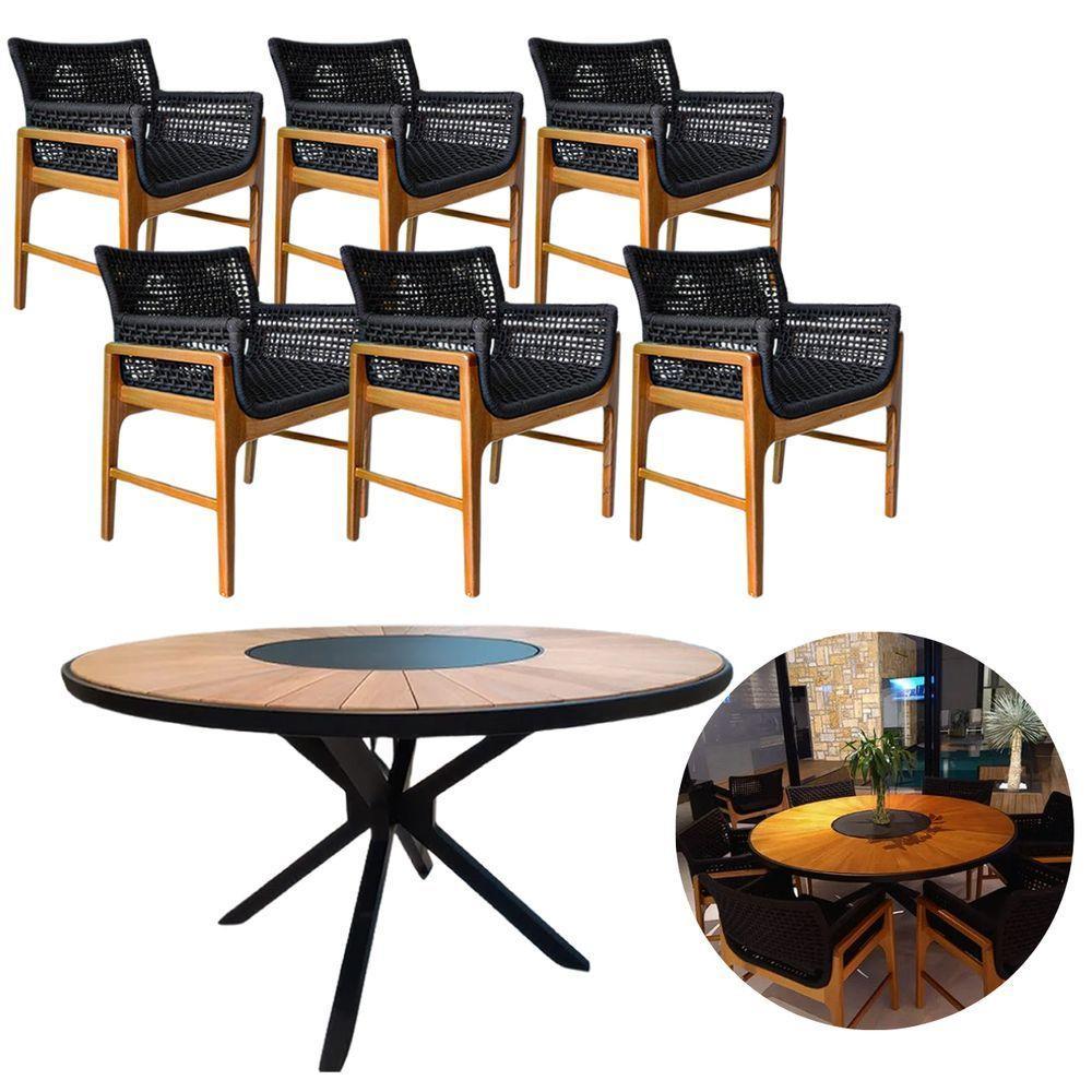 Jogo de Mesa Jantar 1,50m Madeira Giratória e 6 Poltronas Tokyo Corda Náutica Nossa Kasa Preto - 1