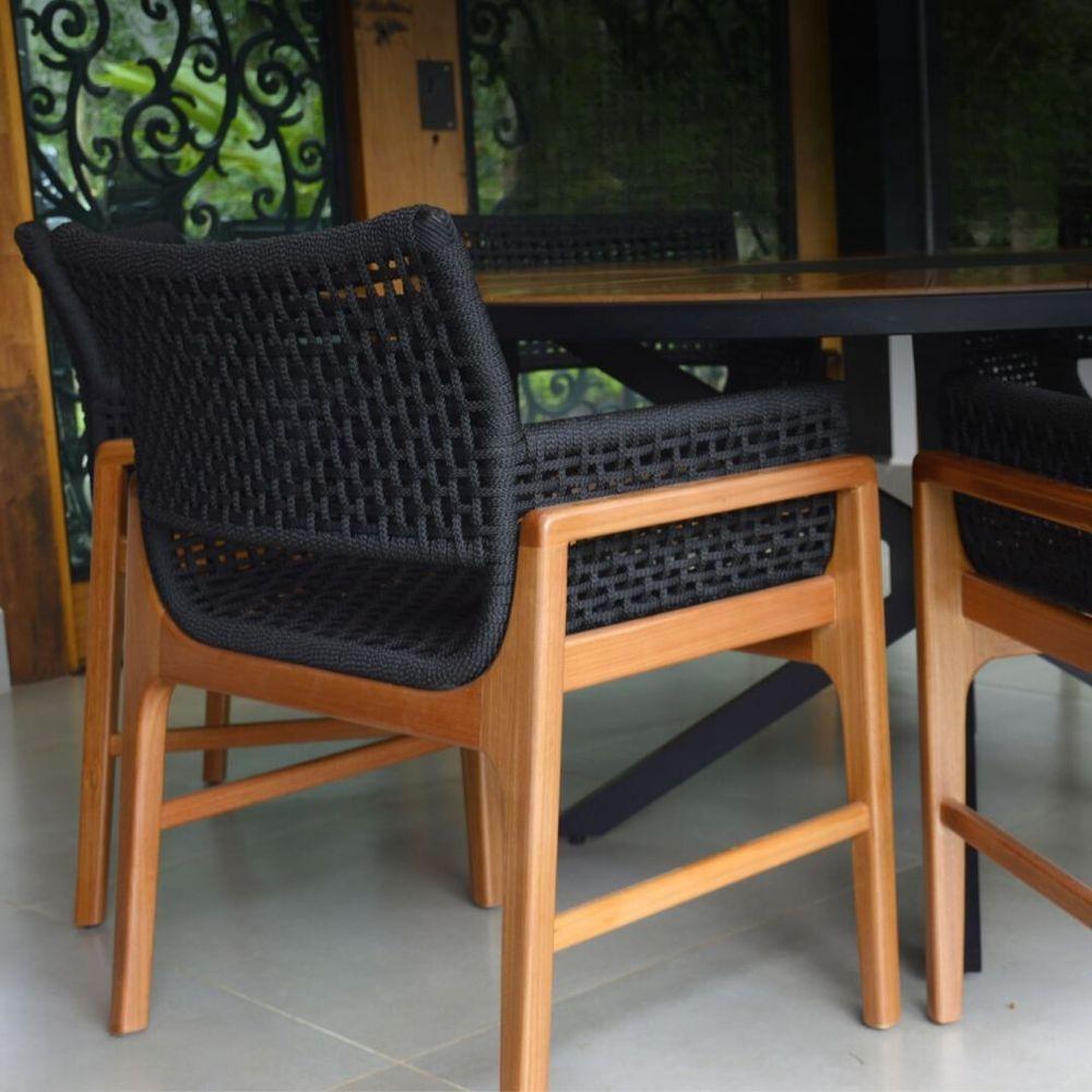 Jogo de Mesa Jantar 1,50m Madeira Giratória e 6 Poltronas Tokyo Corda Náutica Nossa Kasa Preto - 6