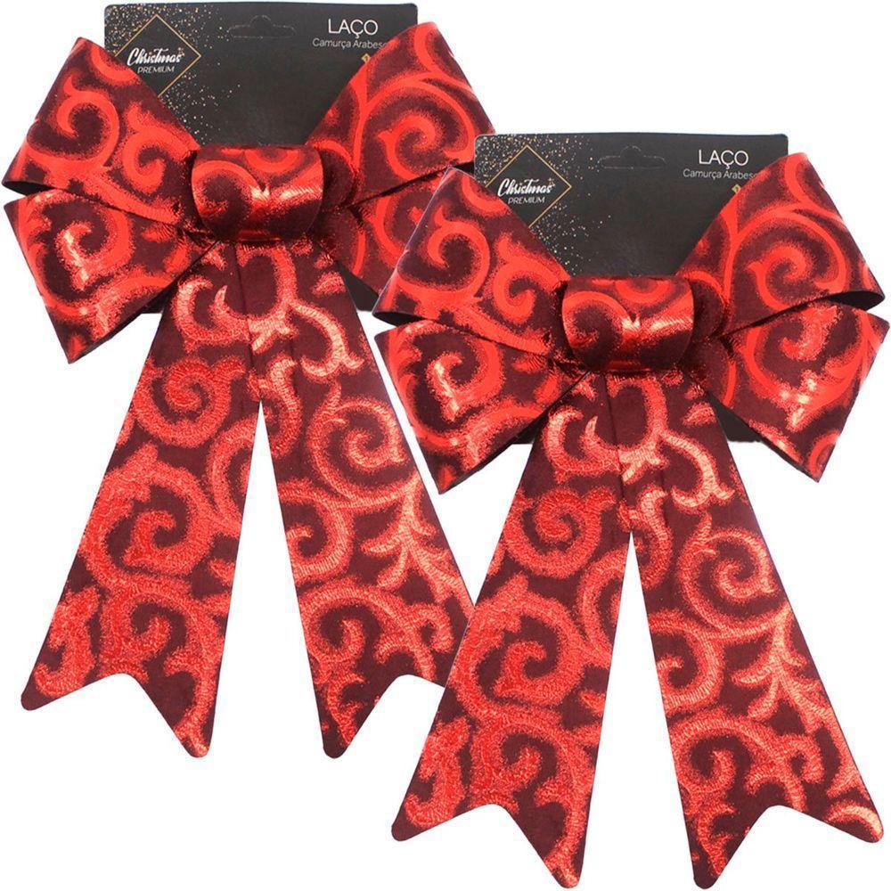 Kit 8 Laço Vermelho Em Camurça Enfeite Brilhante Natal 32cm - 1