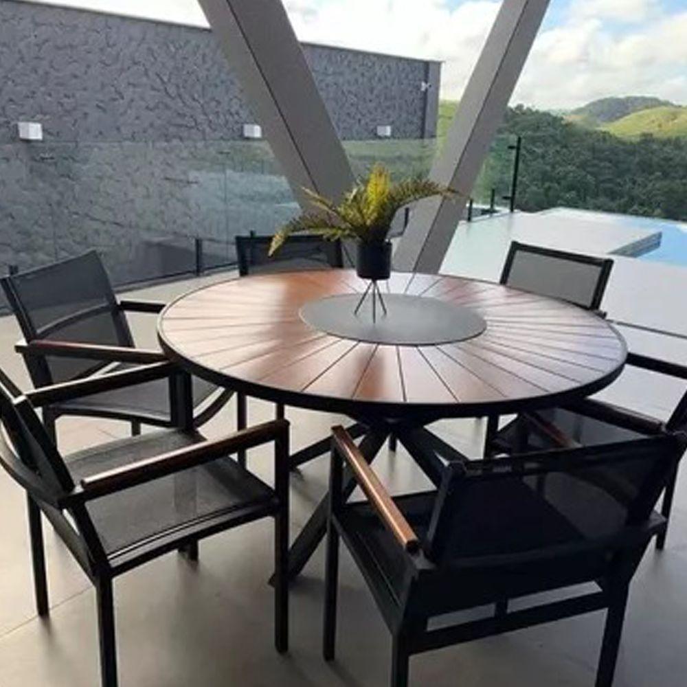 Mesa De Jantar 1,30m Zurick Pétalas De Madeira Centro Giratório Alumínio Preto - 2