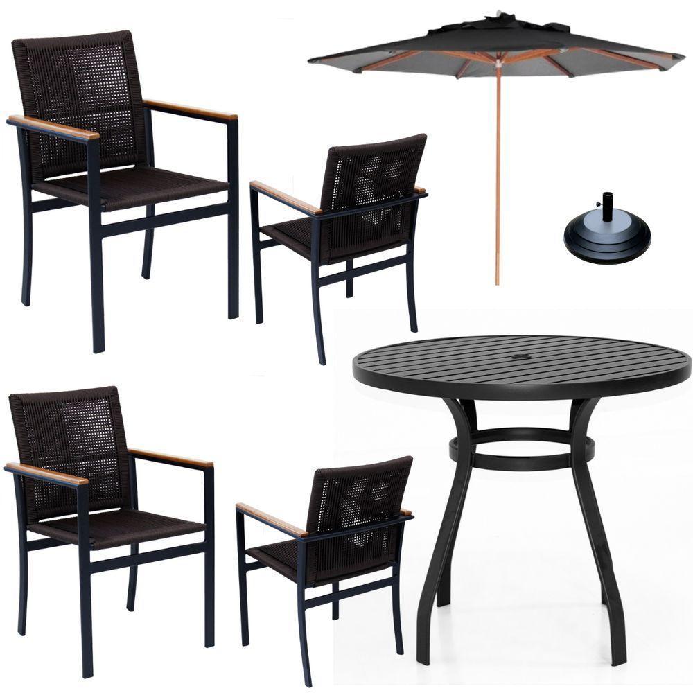 Jogo Conjunto De Mesa 4 Cadeiras Jardim Piscina Em Corda Náutica E Aluminio Preto - 1