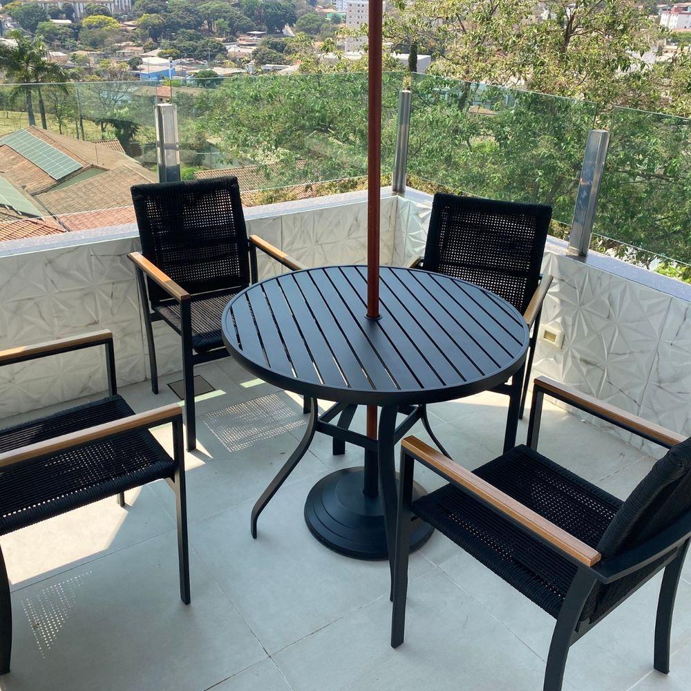 Jogo Conjunto De Mesa 4 Cadeiras Jardim Piscina Em Corda Náutica E Aluminio Preto - 3