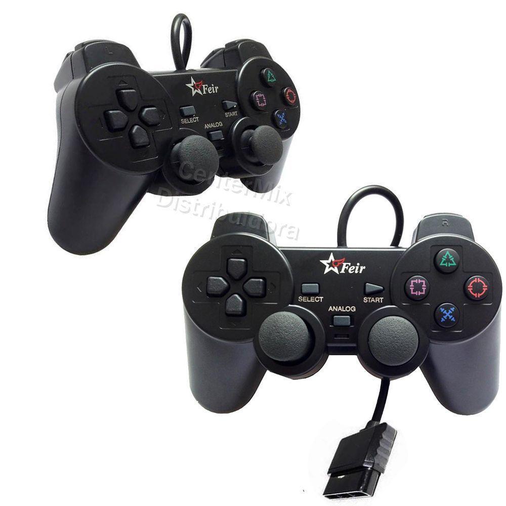 Kit 2 Controle Joystick Game PS1 PS2 Play 2 Com Fio Vibração - 1