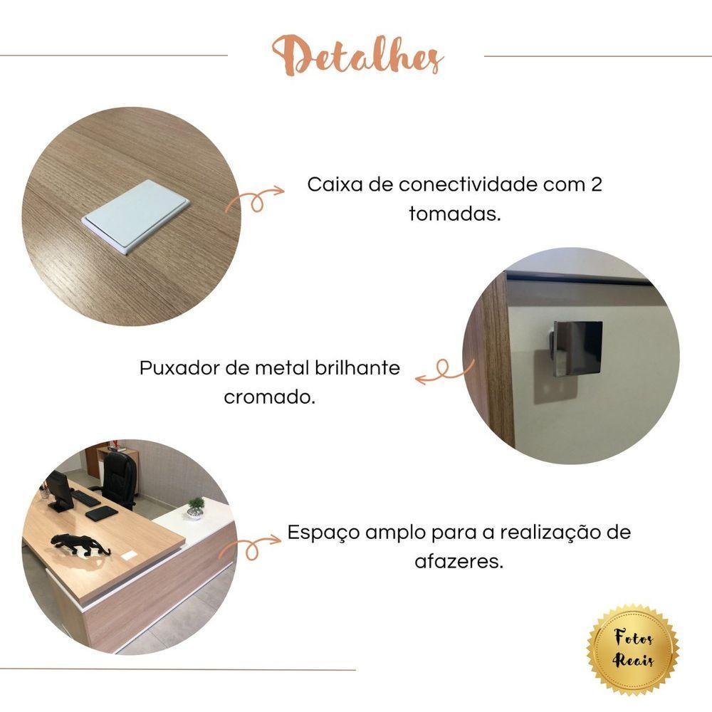 Mesa Para Escritório Em L Com Tomada 2 Gavetas Carvalho branco - 4