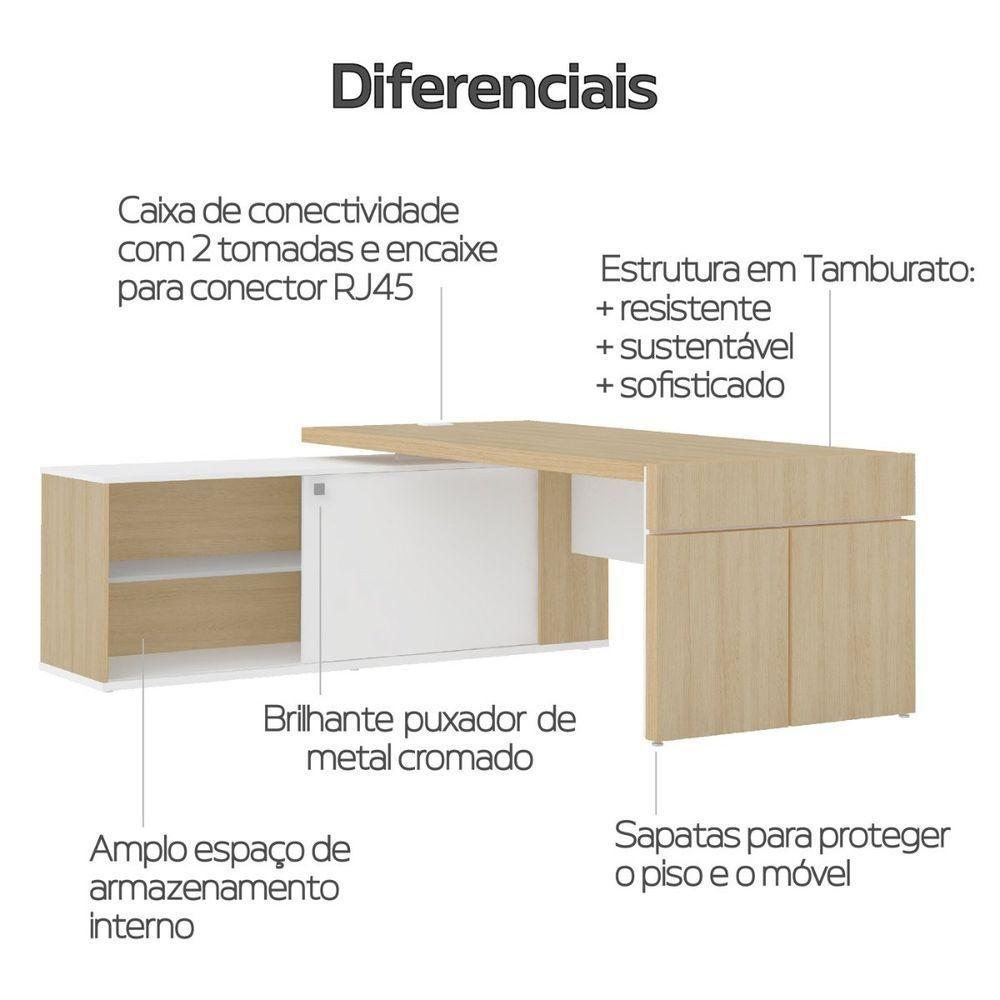 Mesa Para Escritório Em L Com Tomada 2 Gavetas Carvalho branco - 10