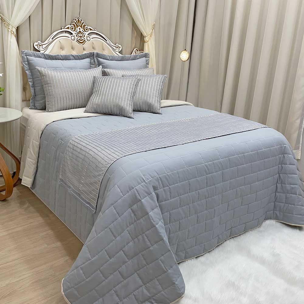 Kit Cobre Leito Colcha Luxo King 10 Peças Micropercal 200 Fios Dupla Face Xale Brilhante - Cinza - 1