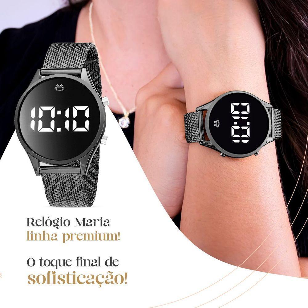 Relogio Feminino Preto Digital Aço + Colar + Brincos + Caixa Pulseira Ajustavel Black Piano Academia - 6