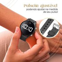Relogio Feminino Preto Digital Aço + Colar + Brincos + Caixa Pulseira Ajustavel Black Piano Academia - 5