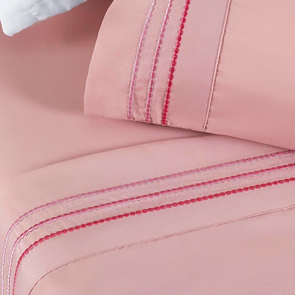 Jogo de Lençol Aria King 4 Peças Micropercal 200 Fios Suave Detalhe Bordado - Sal Rosa - 3