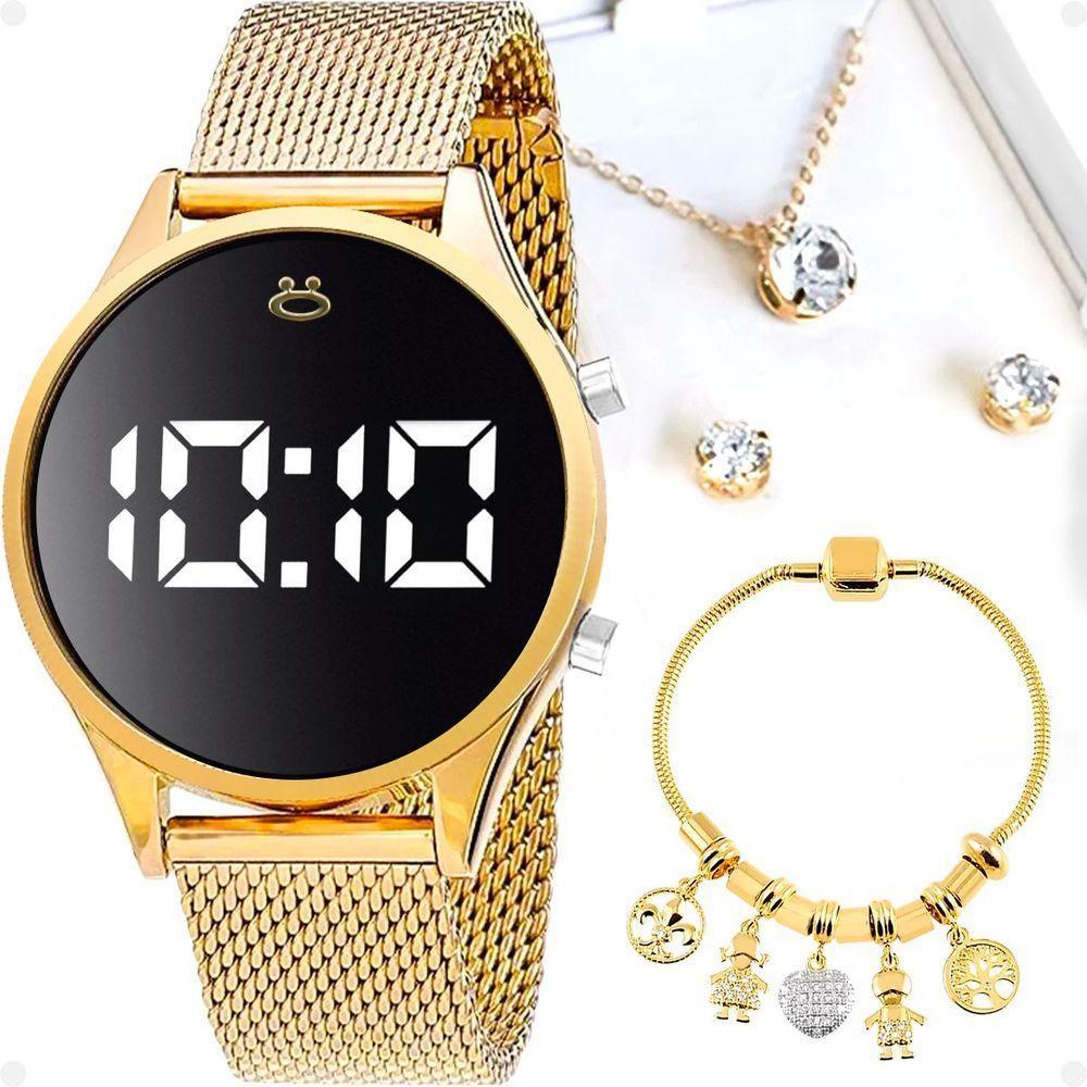 Relogio Feminino Digital Banhado Dourado + Pulseira + Brinco + Colar Qualidade Premium Presente Moda - 1