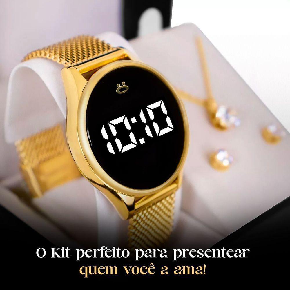 Relogio Feminino Digital Banhado Dourado + Pulseira + Brinco + Colar Qualidade Premium Presente Moda - 5