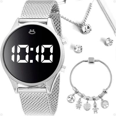 Relogio Feminino Digital Aço Prata + Colar + Caixas + Brincos Academia Original Moda Casual Presente