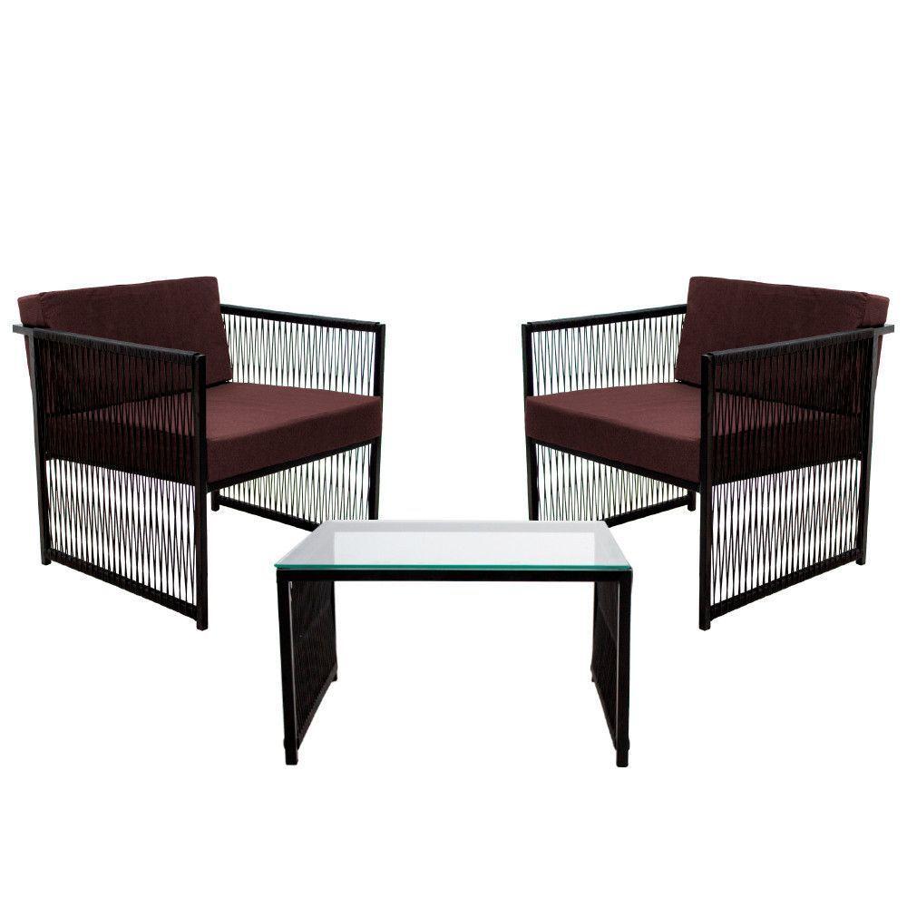 Conjunto De 2 Poltronas Em Fibra Sintética E Mesa De Centro Marrom - 1