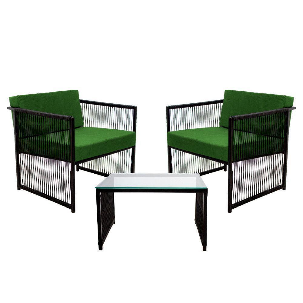 Conjunto De 2 Poltronas Em Fibra Sintética E Mesa De Centro Verde - 1