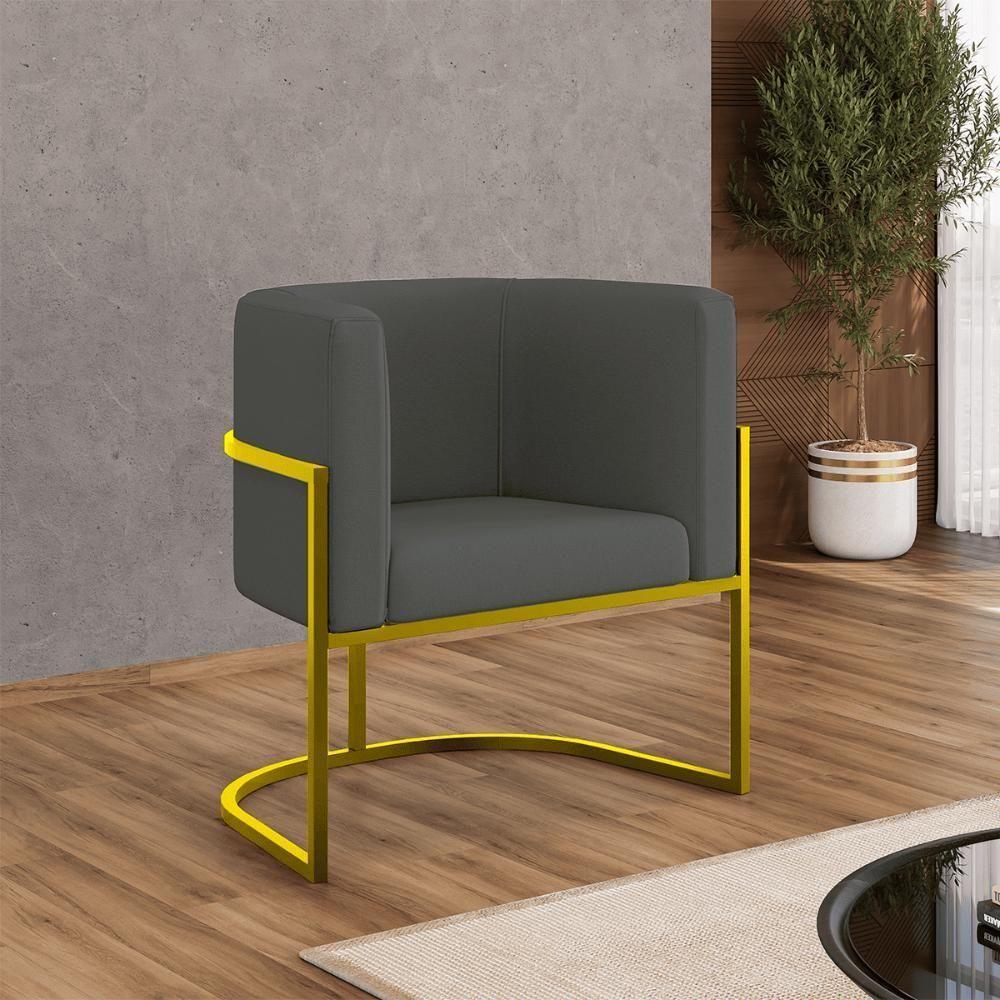 Kit 02 Poltronas Lua Com Base De Metal Gold Sala Veludo Cinza - 6